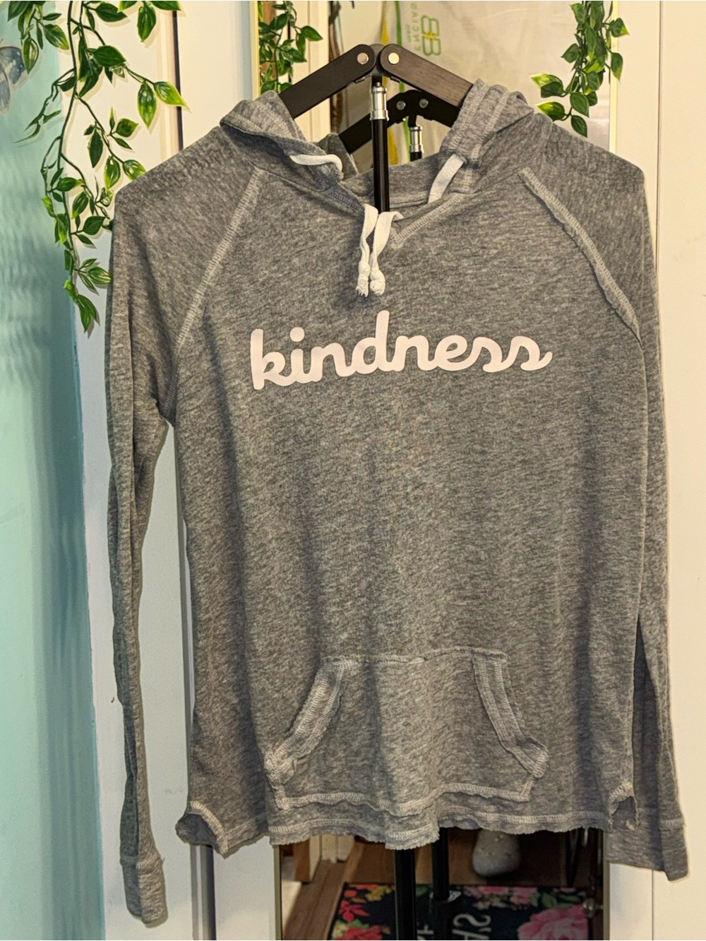 Grayson Threads Kindness Gray Hoodie Small Lightweight Raw Hem Pullover